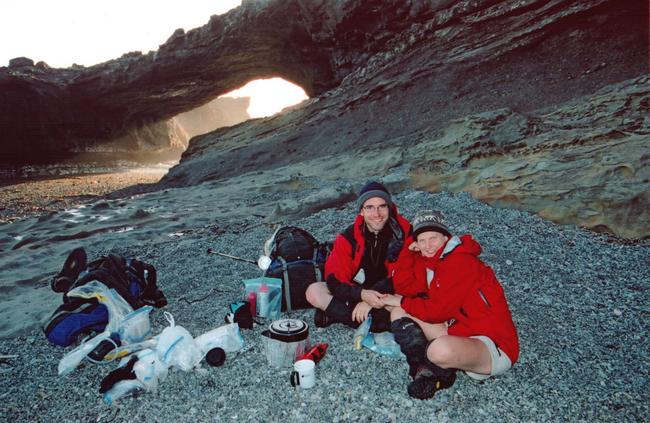 Finally we reach Tsusiat point in the early evening. Unfortunately the tide is still too high to allow us to cross at the point, so we wait it out with a little dinner at this pretty stop.