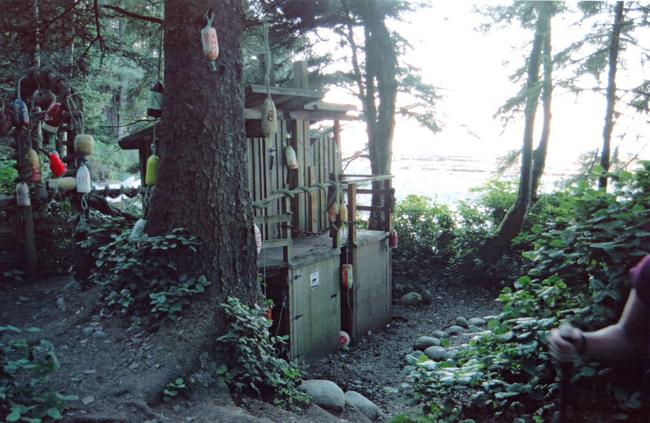 Wharf style outhouse at Michigan, with a solar powered composting system, and fan!
