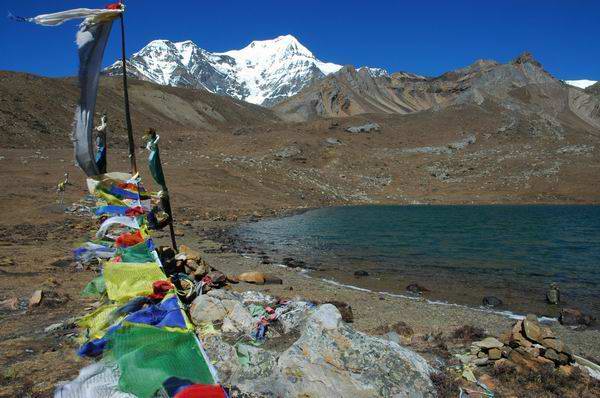 Ice-lake, adorned with prayer flags.