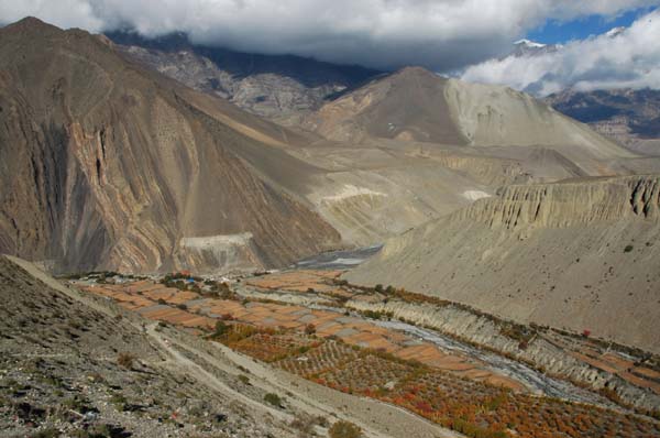 The landscape is still dry and barren but very visually apealling. Here we can see Kagbeni in the valley we are about to descend.