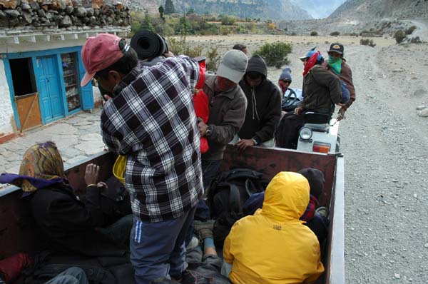 We opt for a painfully bumpy ride in this trailer for the last hour of our day - 25 Nepali Rupees a head, and some memorable bruises as souveniers