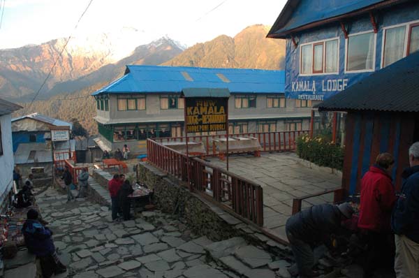 Ghorepani with its many lodges all dressed in blue