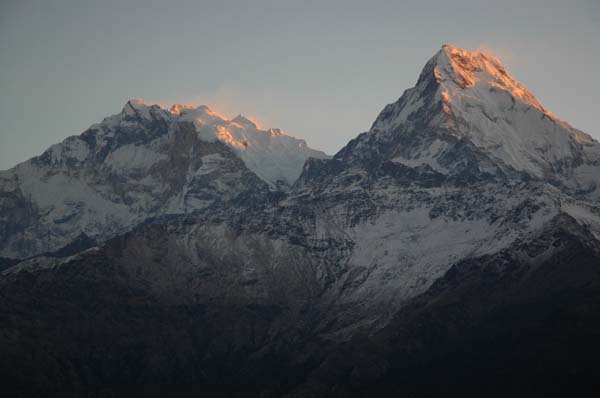 View from Poon hill at sunrise - Annapurna South (left), and Himchuli (right)