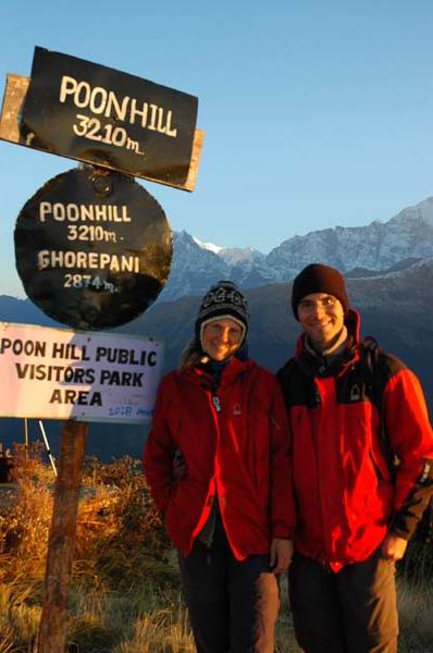 An hours steep climb at 5 AM takes us to Poon Hill, to watch the morning sunrise light up the distant mountains (see next photo)