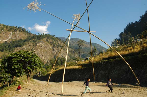 This contraption is called Ping, a Nepali swing for children. It is constructed out of Bamboo and used during the festivals of Dashain and Tihar. The swing has been removed, as the festival has just finished.