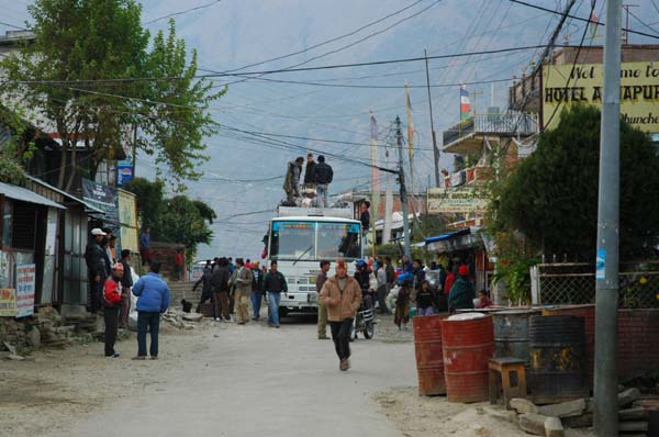 Our bus ride takes about 8 hours. For full and detailed description, you can see our bulletin board posting if you like.   This is Dhunche, the town where the bus stops.