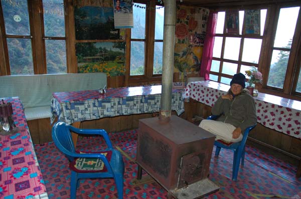 Cozy eating area and fireplace where we are served delicious pizzas, Nettle soup and other yummy meals by the friendly lodge owners and family