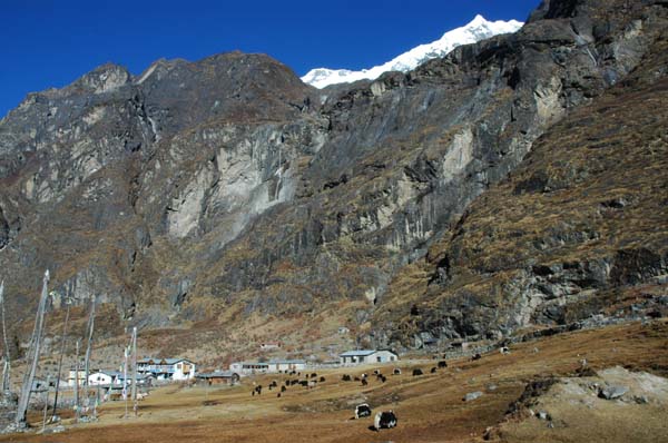 Looking back at Langtang II and the old village of Langtang