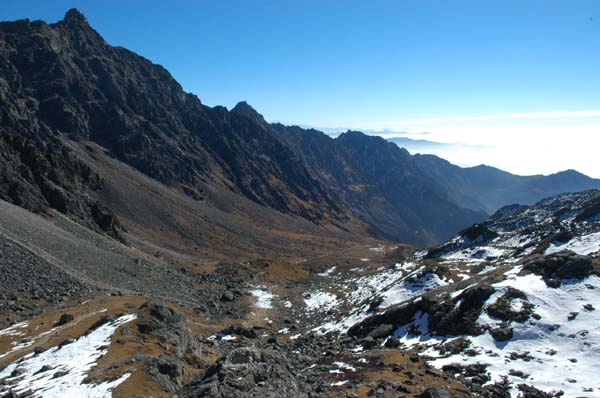 Views from the hillock at the pass into the valley we are about to descend - it is extremely cold here, and we spend only enough time to snap a few photos, offer our gratitude for arriving safely and move on