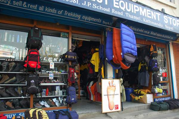Typical trekking store of which there are many. These stores are full of Nepali made treking gear with western labels, like North Face, Patagonia, etc.