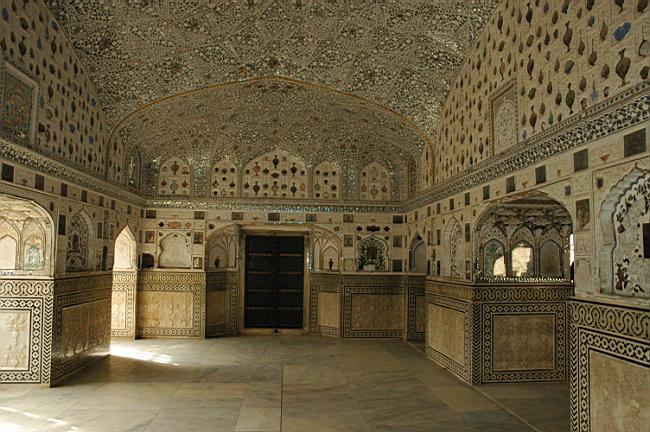 Inlaided mirror and glasswork is used to decorate some of the rooms