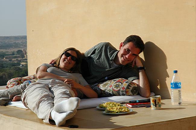 Holiday relaxation, on the upperdeck of our hotel overlooking the city of Jaisalmer.