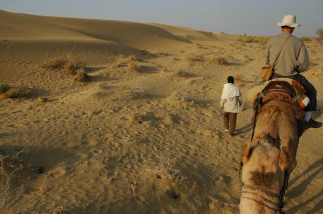 Our very young camel guide leads us out on our overnight safari trek in the desert landscape