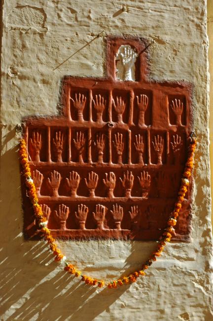 Handprints of the women who commited a mass sati, the act where a women commits suicide after the death of her husband by throwing herself into her husband's funeral pyre.