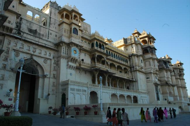 The city palace in Udaipur - made of granite and marble with filigree balconies, ornate windows and glass.