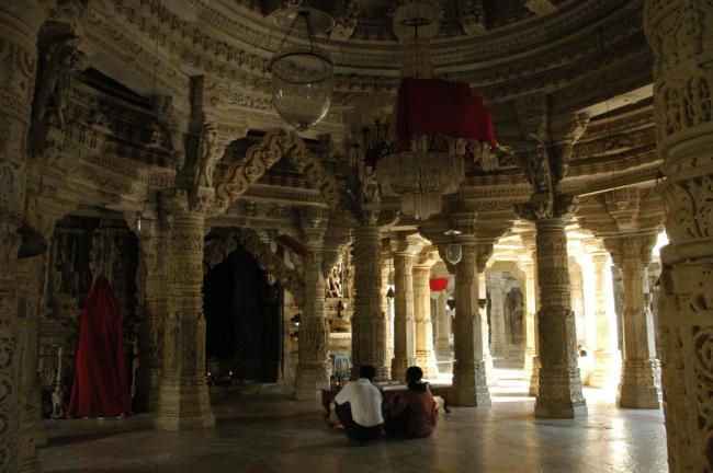 The central temple is the Chaumukha (four faces) temple. Dedicted to Adinath, the first Jain tirthankar (saint), this three-story temple is the most complex and extensive in design. It has 29 halls, 80 domes and 1,444 pillars. What is most interesting is the fact that no two pillars are alike.