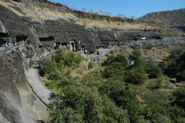 Ajanta Caves -  These 29 Buddhist caves were excavated from the rockface beginning around 200 BC. They were abandoned in 650 AD in favour of the Ellora Caves (shown later).