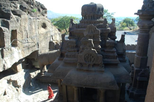 Ellora was a fabulous example of how three religions, Buddhism, Hinduism and Jainism, lived together side by side in harmony.  This photo shows the most intricately carved Jain temple at Ellora.